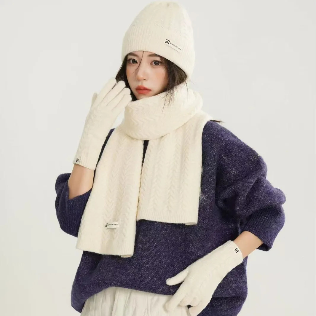Winter Warm Knitted Hat Scarf Gloves Womens Windproof Adult Threepiece Set Scarves Solid Color Fashion Korean Hats for Women 251023