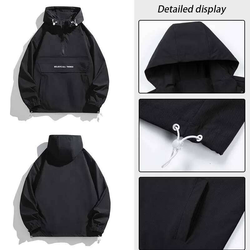 New Men Spring Autumn Waterproof Casual Versatile Top Streetwear Fashion Loose Pullover Half Zip Hooded Jacket