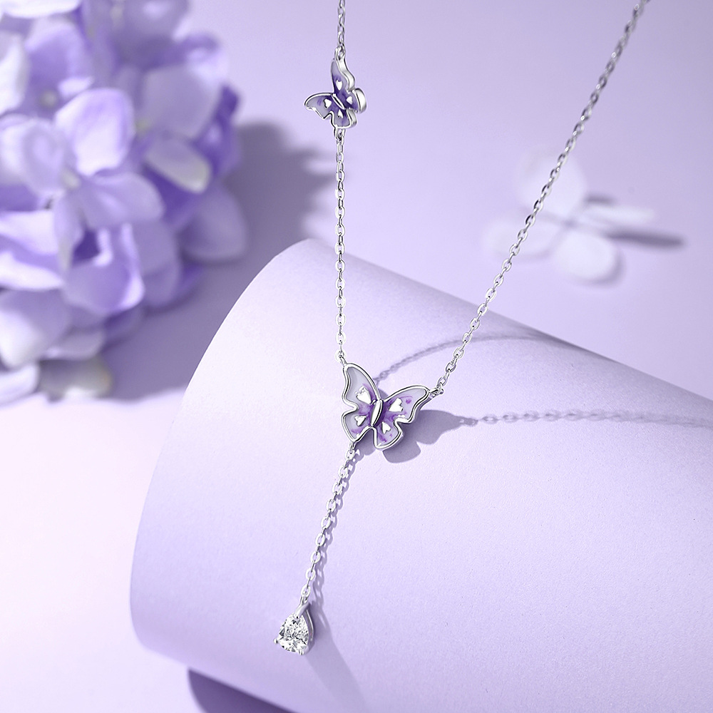 TaiYang New S925 Sterling Silver Fluorescent Butterfly Necklace, Blue-Purple Glow Fringe Pendant with Ethereal Fairy Core Aesthetic