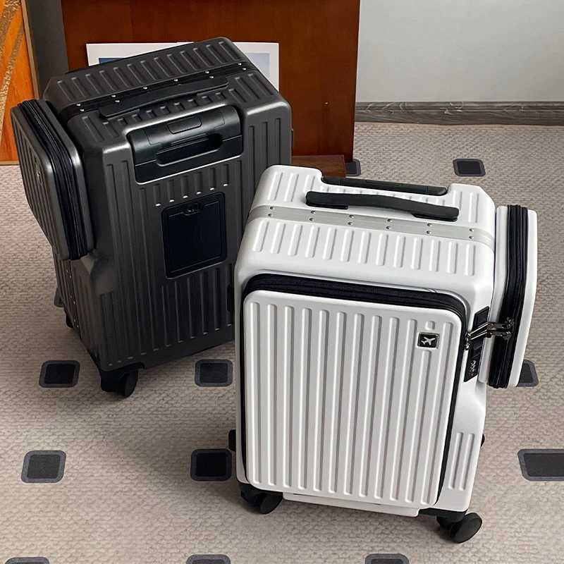 FrontOpening Luggage Multifunctional Travel Suitcase 20Inch CarryOn Business Aluminum Frame Side Pocket Trolley SuitcaseW251024