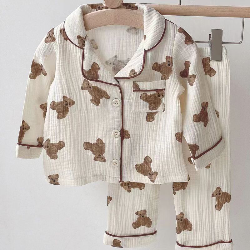 Free Shipping Kids 2-Piece Pajama Set, Bear Print Flannel Long Sleeve Sleepwear for Boys and Girls