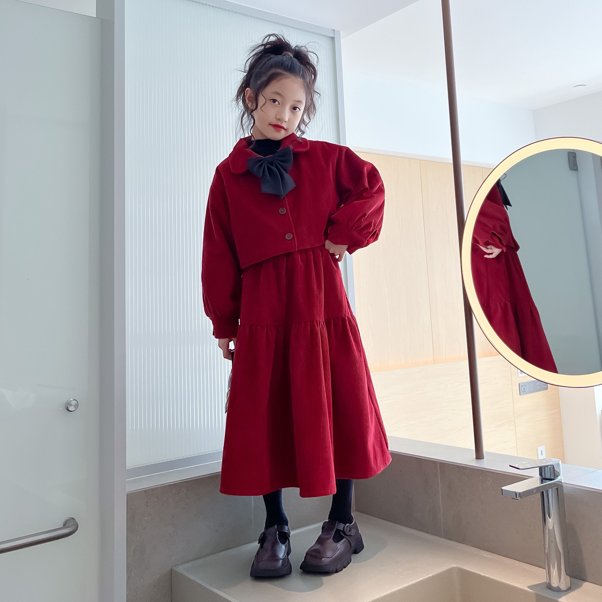 New fashion designer children's clothing girls' plus size set autumn and winter parent-child corduroy solid color skirt set