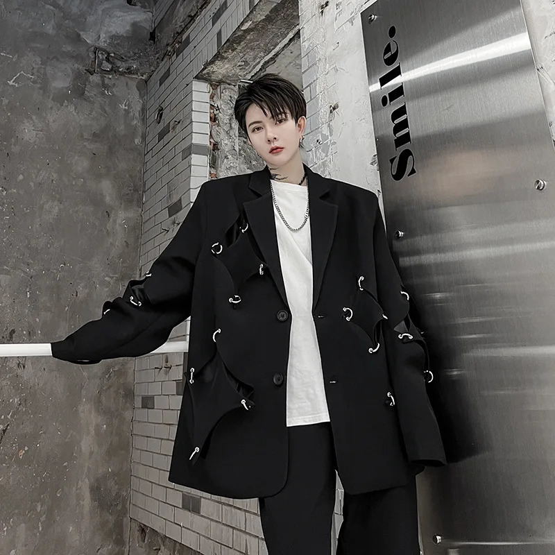 Metal Rivet Ring Decorate Hollow Out Hip Hop Punk Blazers Techwear Style Irregular Casual Suit Jacket For Men 251023