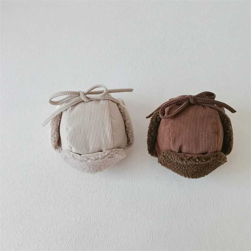 Autumn Winter Children Plus Velvet Earmuffs Windproof Coldproof Warm Corduroy Cap Boy Girl Baby Fleece Cotton Thicken Solid HatL251024