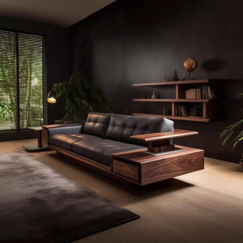 New Chinese Style Black Walnut Living Room High-End Light Solid Wood Straight Row Sofa Leather Art Large Apartment