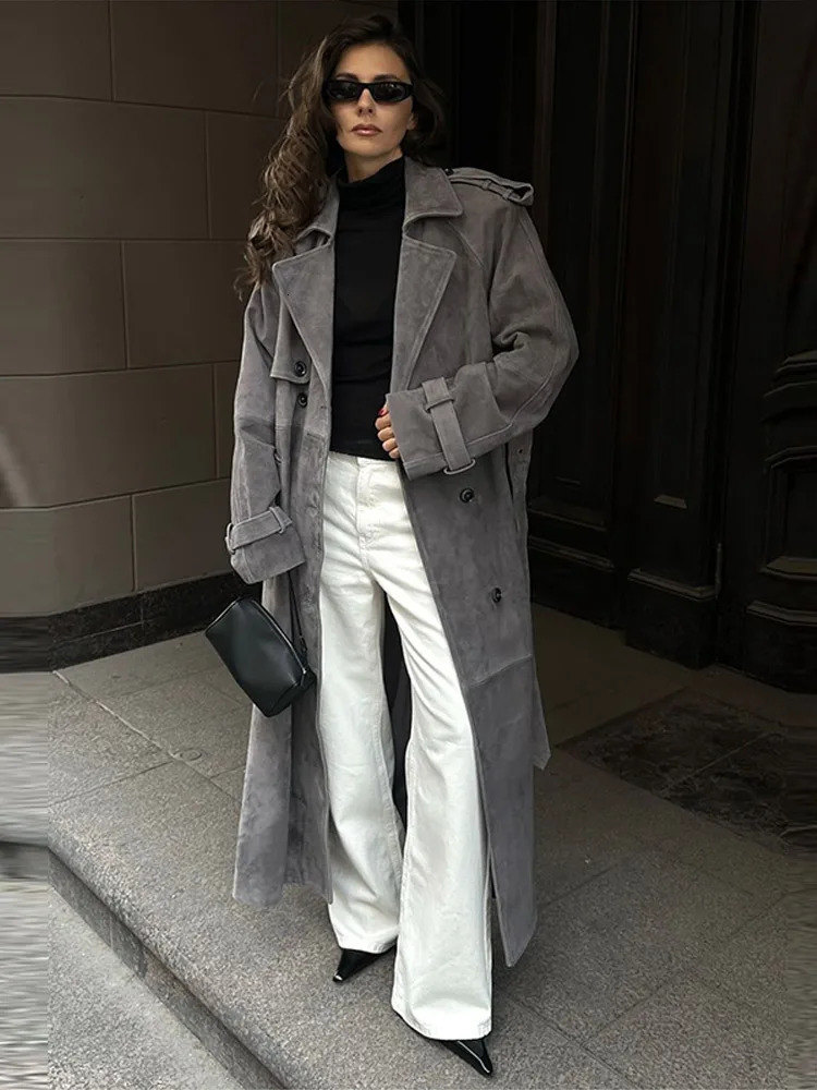 Vintage Brown Suede Jacket for Women Double Breasted Turndown Collar Outerwear with Belt Autumn Casual Office Lady Coats 251021