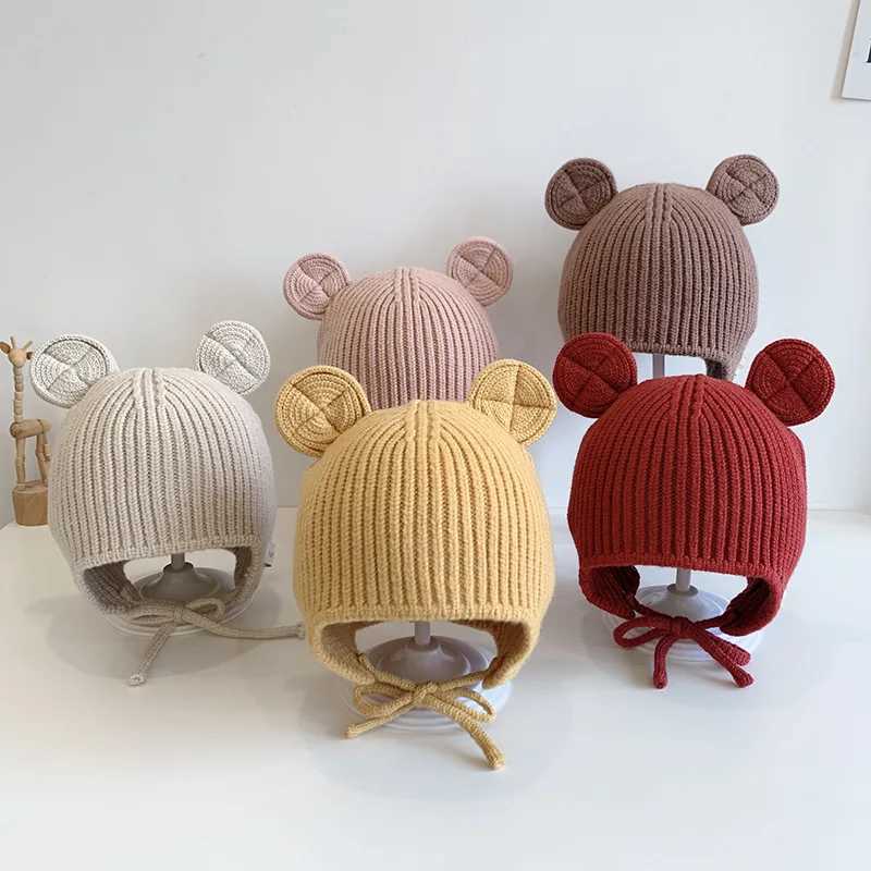 Bear Baby Ear Protection Woolen Cap Solid Color Toddler Beanie Children Knitted Hat 14 Years Boy Girl Kids Winter Warm HeadgearL251024