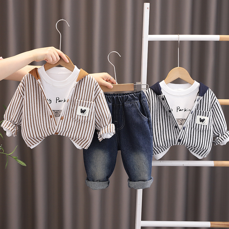 Toddler Boys 3-Piece Set, Striped Hooded Cardigan and Jeans for Spring & Autumn