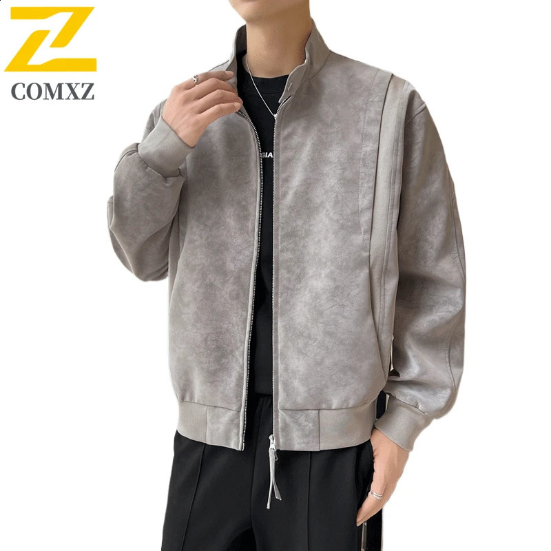 COMXZ Men Suede Jacket Lightweight American Trendy Comfort Leather Jacket Casual Stand Collar Daily Windproof Autumn Clothing 251023