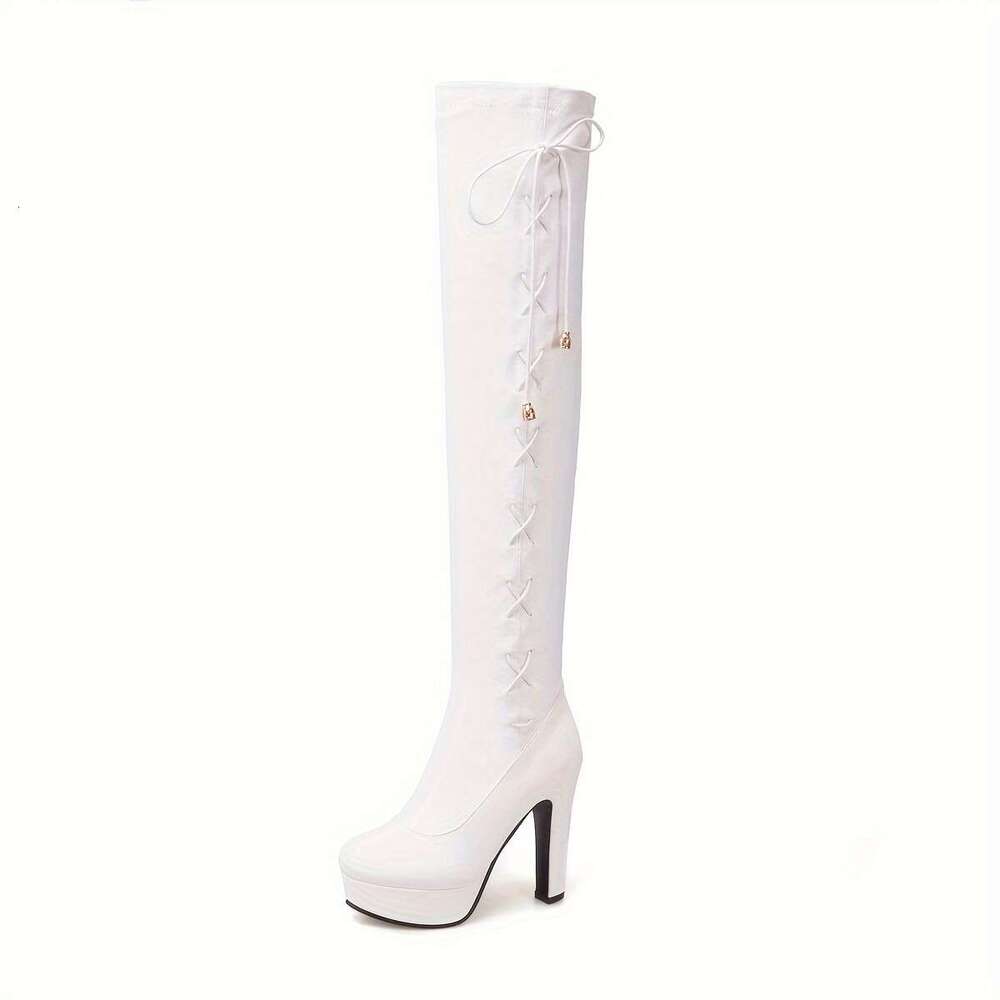 Women's Chunky Platform Knee-High - Slip-On Elastic Faux Cover Winter With Round Toe, Leg Silhouette Comfortable Rubber Sole For Casual & Ocns, F