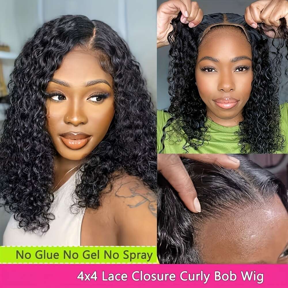 Throw On Go Wigs Human - Pre Plucked & Cut 4x4 HD Lace Closure Curly Wave Bob Wig No Glue Needed, Adjustable Anti-Slip Cap 150% Density Brazilian Virg