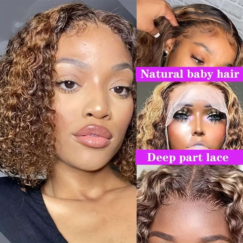 Curly Bob 13X4 Front Brazilian Remy Human Hair Wigs Blonde Brown Deep Wave Short Wig For Women 13x4 Lace Highlight Color 4/27 10-16inch 150%