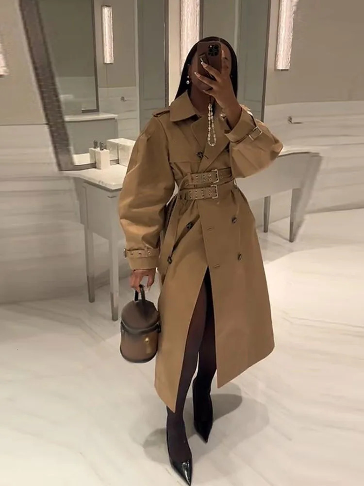 Elegant Double Belt Women Windbreaker Casual Khaki Long Sleeve Lapel Button Female Jacket Autumn Winter Lady Streetwear 251021
