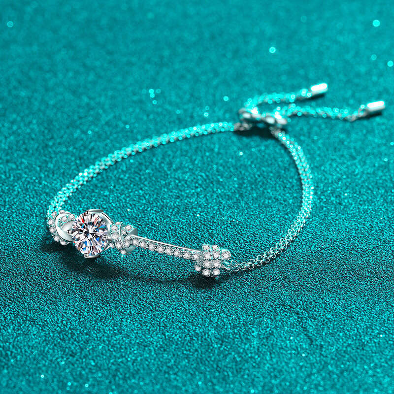 DHCollections-- Sterling Sier Women's Double Chain Push-Pull Design 2 Moissanite Bracelet