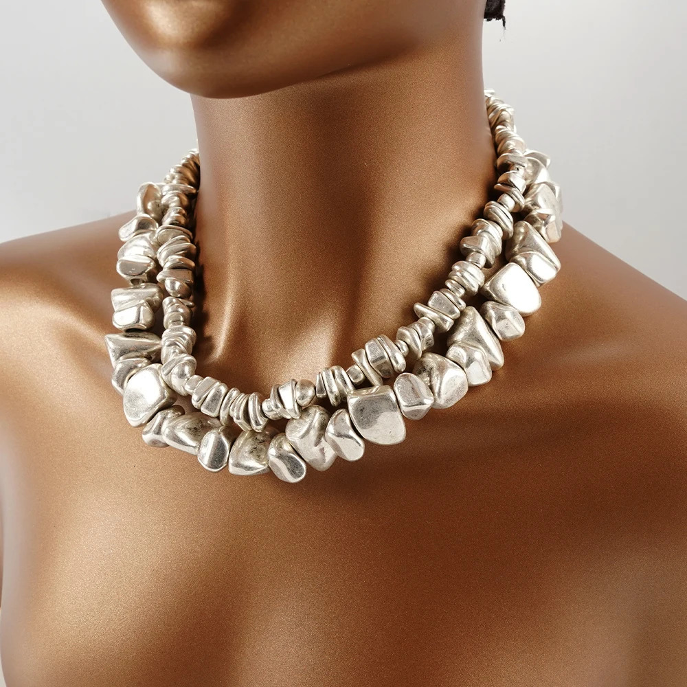 Antique Silver Couples DoubleLayer Necklace Set Irregular Heavy Durable Jewelry for Everyday Travel Fashion Accessory 251016