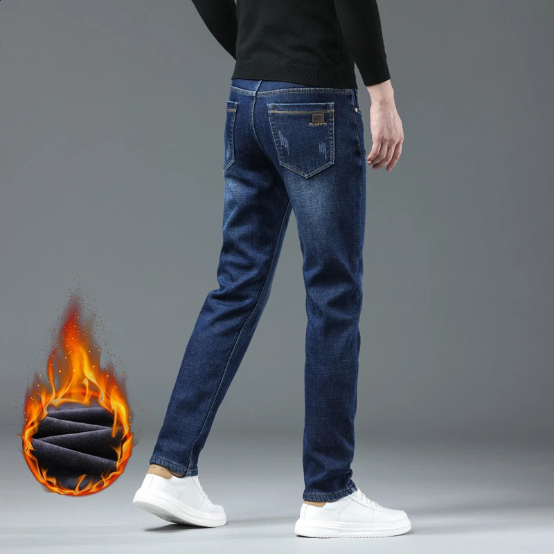 Winter Men Fleece Warm Jeans Classic Style Business Casual Thicken Velvet Slim Denim Pants Trousers Male Size 2842 251018
