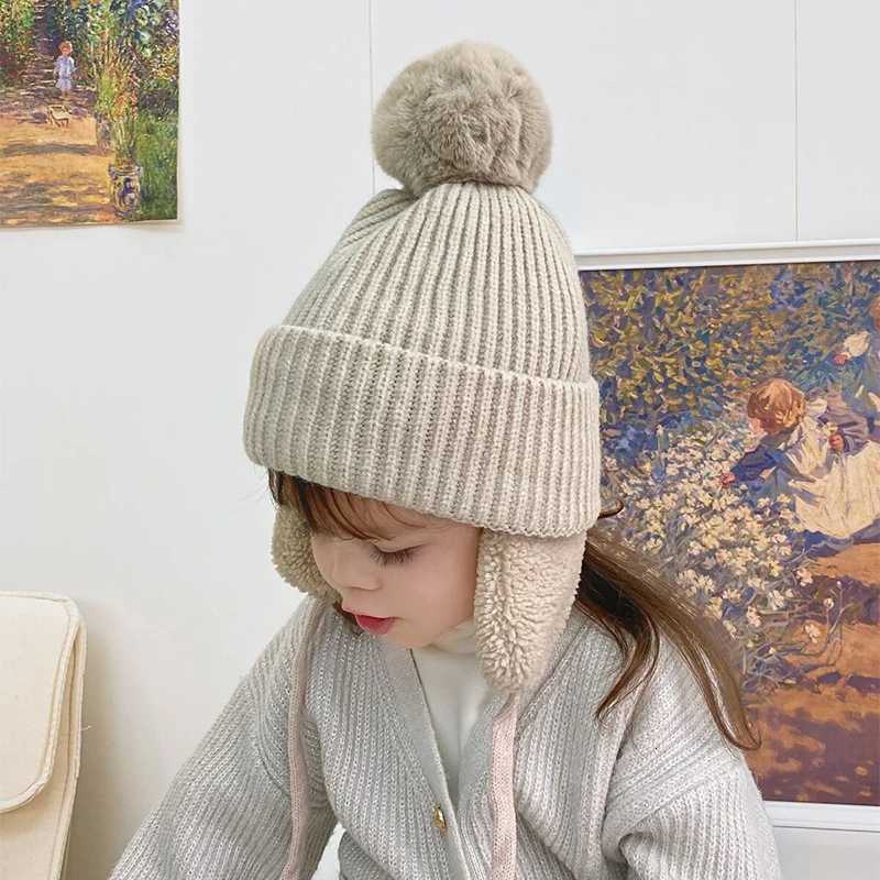 Children Warm Earmuffs Cap Cute Plush Ball Knitted Hat 28year Kids Ear Protection Hats Baby Solid Woolen Winter Beanies BonnetL251024