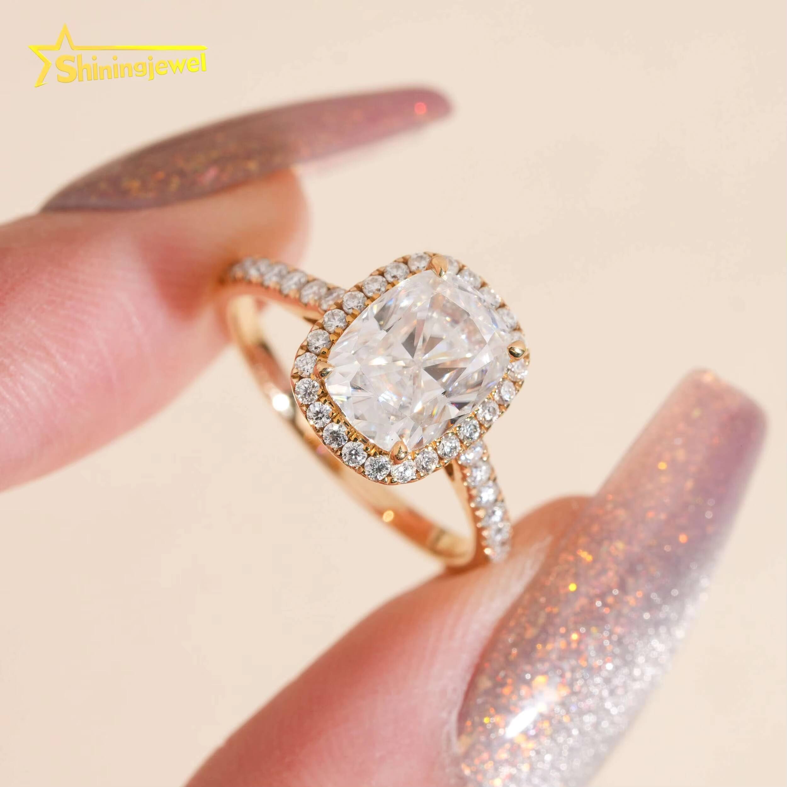 14k Solid Gold Engagement Wedding Pass Diamond Test Long Cushion Cut Moissanite Lab Diamond Cluster Design Ring for Women