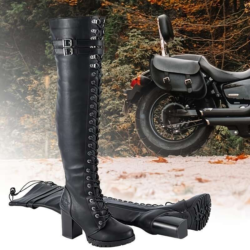 Women's Faux Leather Over The Thigh Boots, Black Lace Up Knee High Chunky Heel, Sexy Biker Boots With Buckle