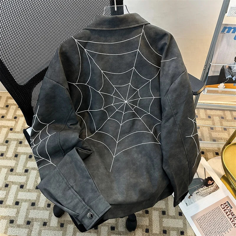 Europe United States high Street Spider Embroidery PU Leather Jacket Mens Wash to do Fashion Trend Coat 251016