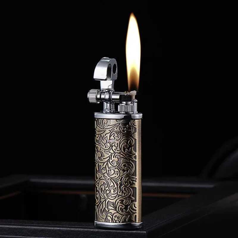 Vintage Engraved Pattern Flint Lighter Open Flame Metal Raised Arm Grinding Wheel Ignition Mens Gadgets D251024