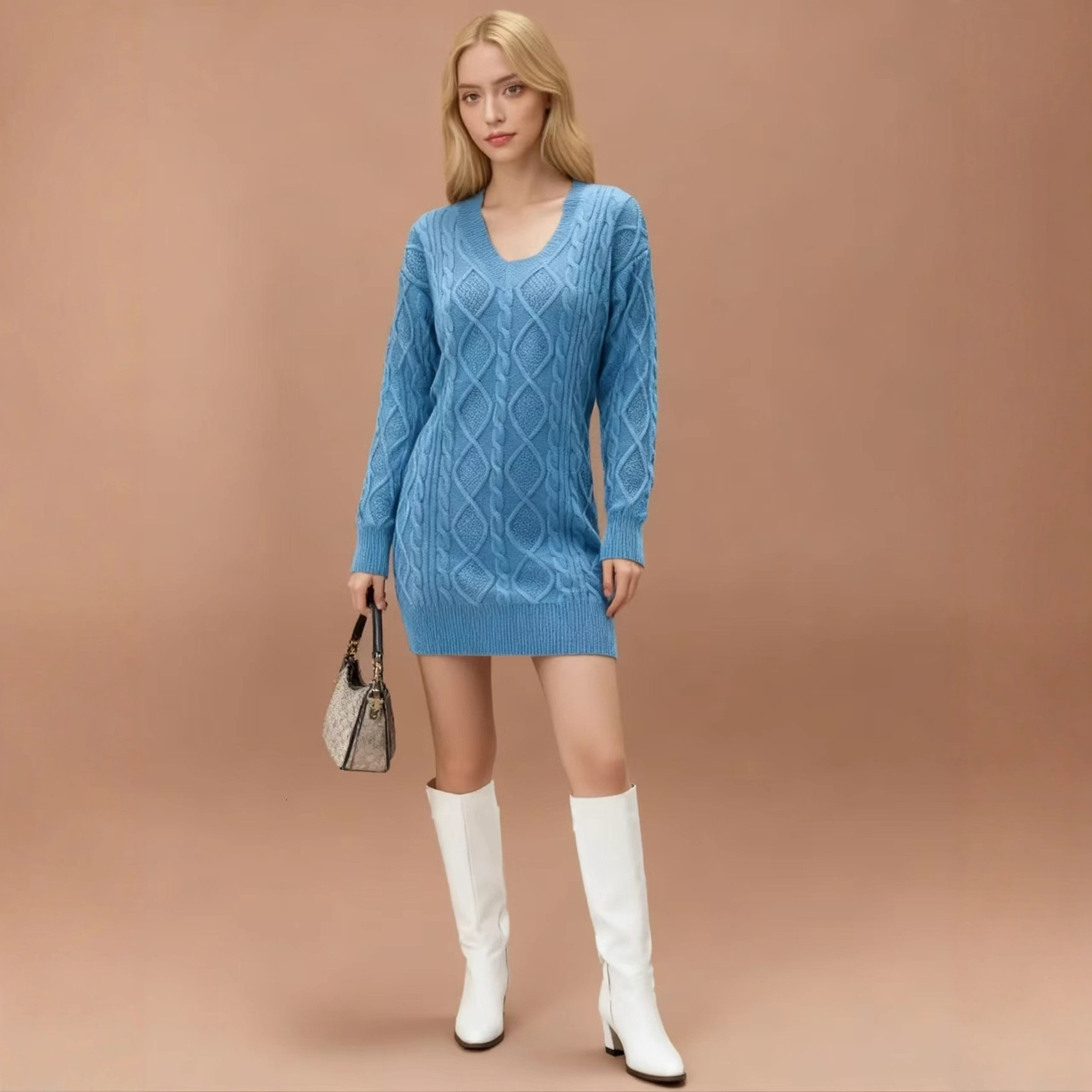 Autumn and winter new European and American designer style medium long sweater V-neck solid color knitted fashionable casual women's knitted dres