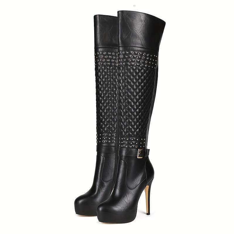 Rivet Pleated Design Black Versatile European And American Style Fashion Sexy Nightclub Height-Increasing High Quality Platform Round Toe Foot Shaping