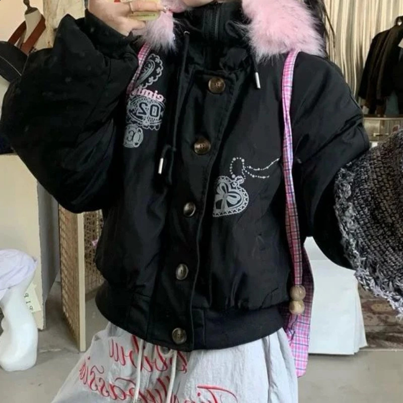 Streetwear Winter Printing Warm Women Parkas Harajuku Loose Casual Fur Patchwork Hooded Jacket Y2k Aesthetic Button Grunge Coat 251023