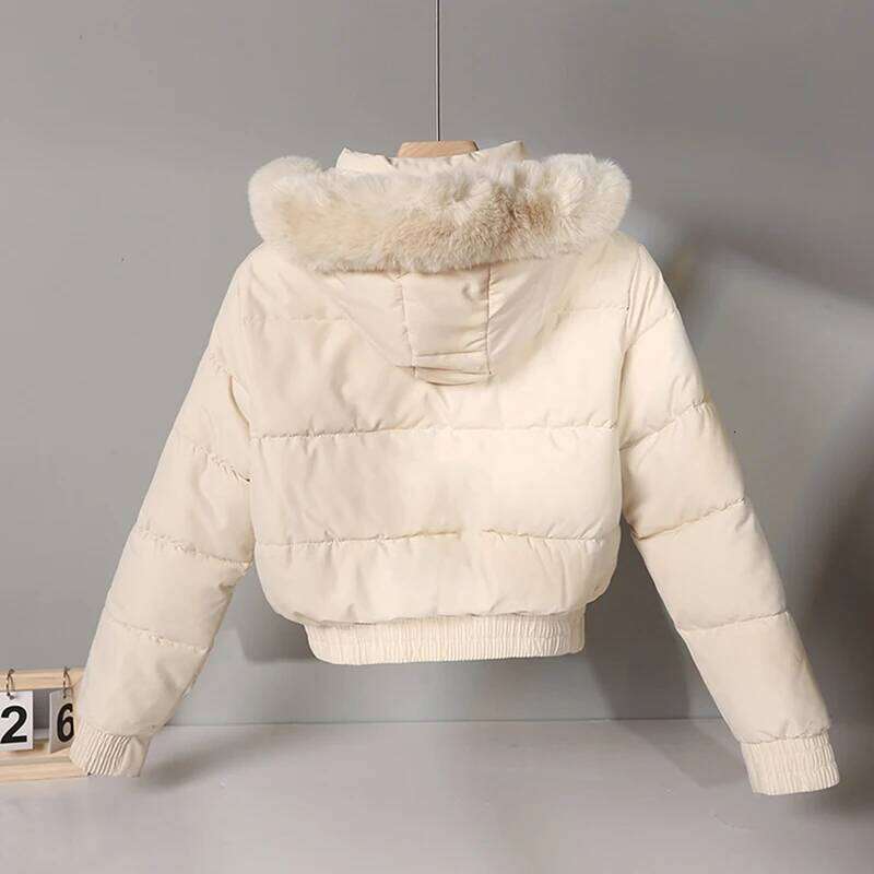 New Winter Warm Hooded Down Cotton Women Thickened Fleece Lining Big Fur Collar Long Sleeve Short Parkas Jacket Coat