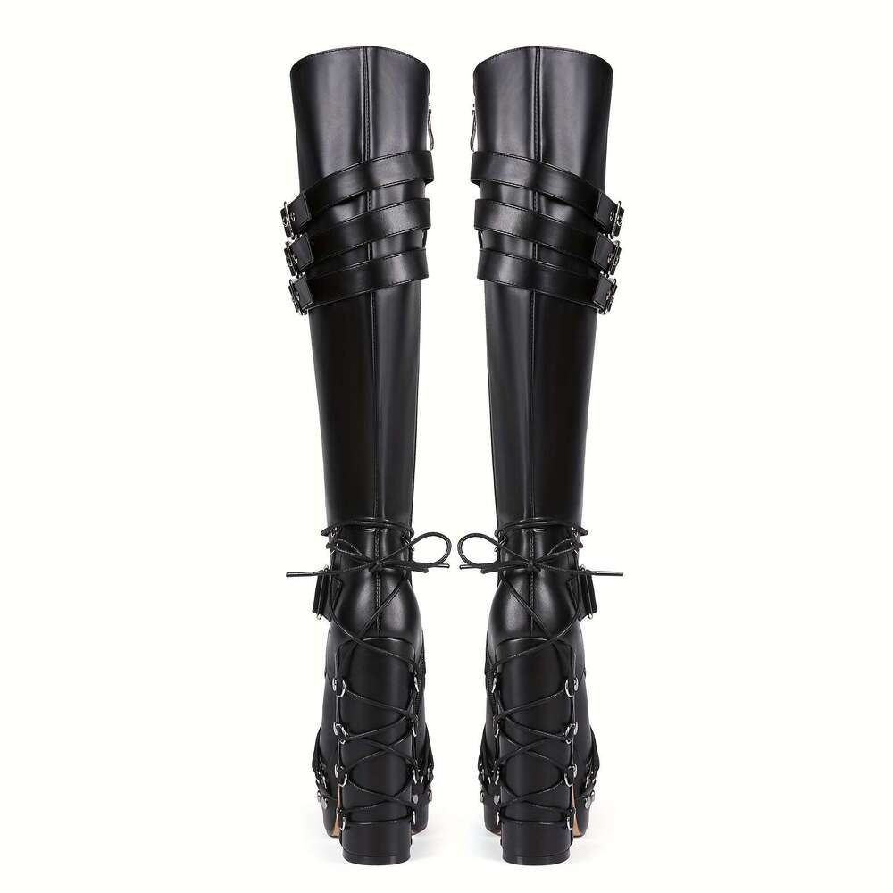 Women's Chunky Knee-High With Adjustable Buckle Straps Tie Rope, Toe, Zipper Closure Faux Cover Upper, Rubber Sole, Plush Lining All-Day Comfort 