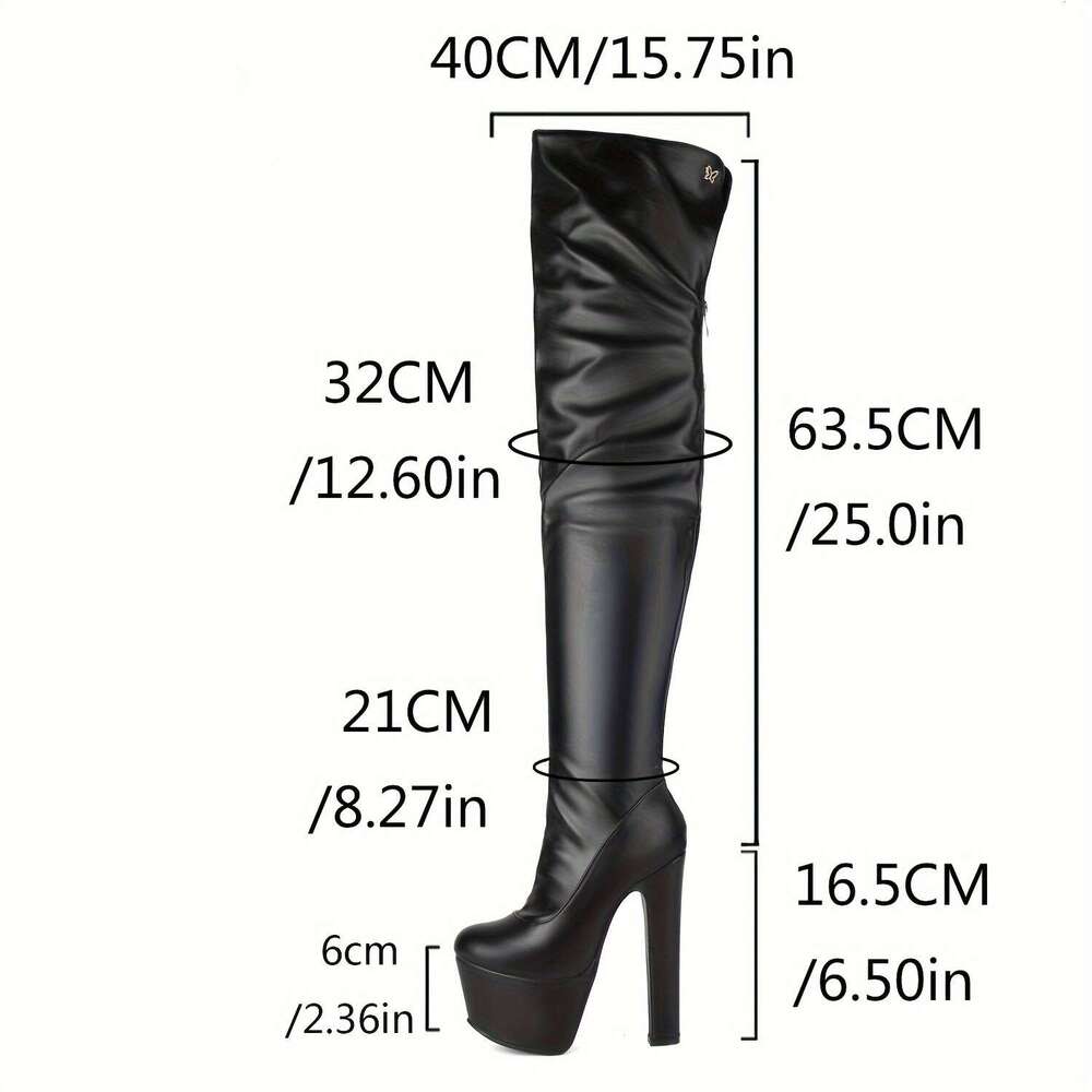 Women's Over-The-Knee Boots 2024 Fall Winter Collection Solid Color, Super High Heel, Round Toe, Faux Leather, Zipper Closure, Plush Liner, Non-W