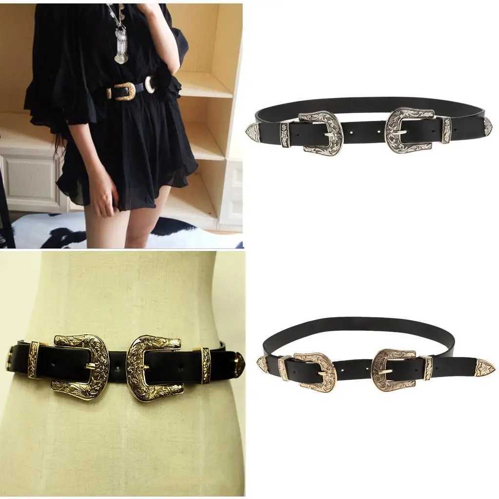Womens Skinny Slim Retro Vintage Leather Double Buckle Belt Waist Strap for a Western Style Outfit or Casual Jean Belt W251024