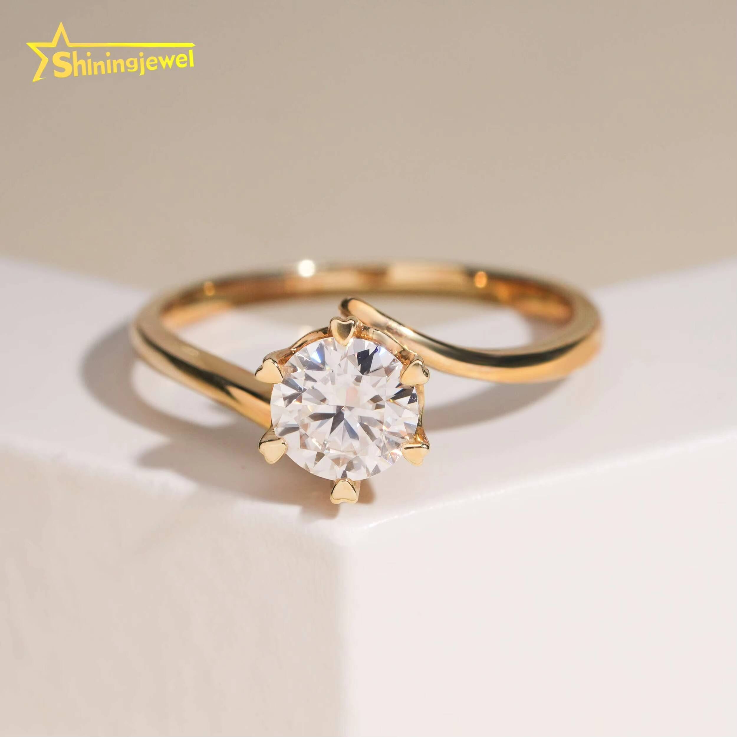 Trendy 6 Prong Round Cut VVS Moissanite Diamond Wedding Rings 14K Real Gold Wedding Engagement Rings for Women