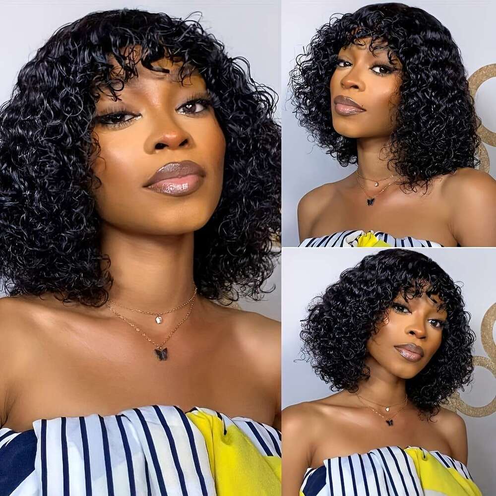 Short Bob With Bangs None Lace Front For Women 180% Density Kinky Curly Fringe Bang Wig Human hine Made Brazilian Unprocessed Virgin Hair Wigs Natural