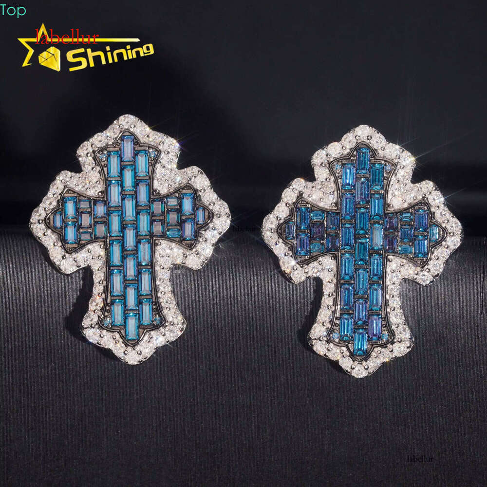 GRA Certificated Pass Dia Tester Men Sterling Sier Cross Stud Earrings Screw Back Blue Moissanite in Middle