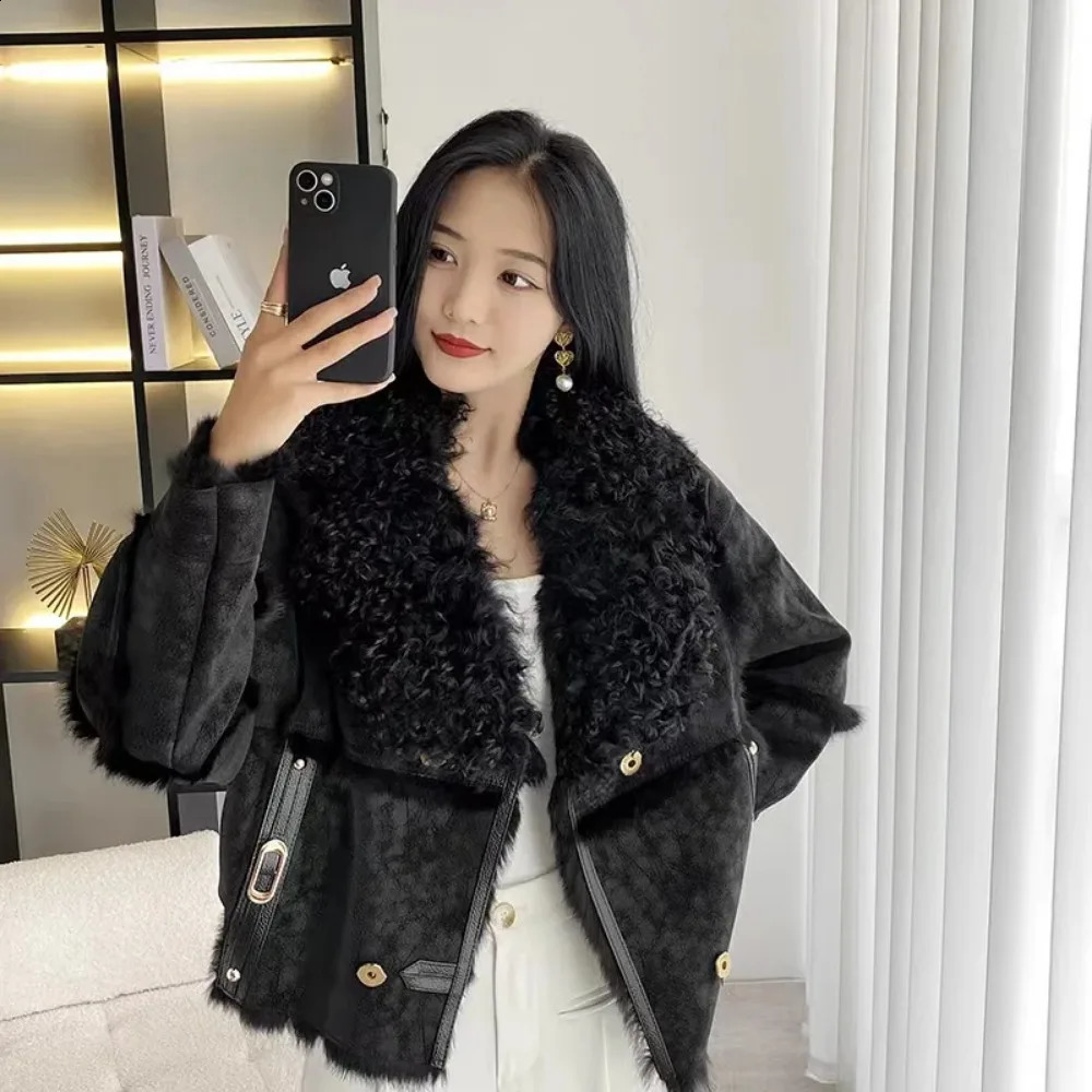 OFTBUY Winter Women Fur Jackets Real Naturally Rabbit Lining Sheepskin Neck Short Coat Selling Lnternet Celebrity Jacket 251018