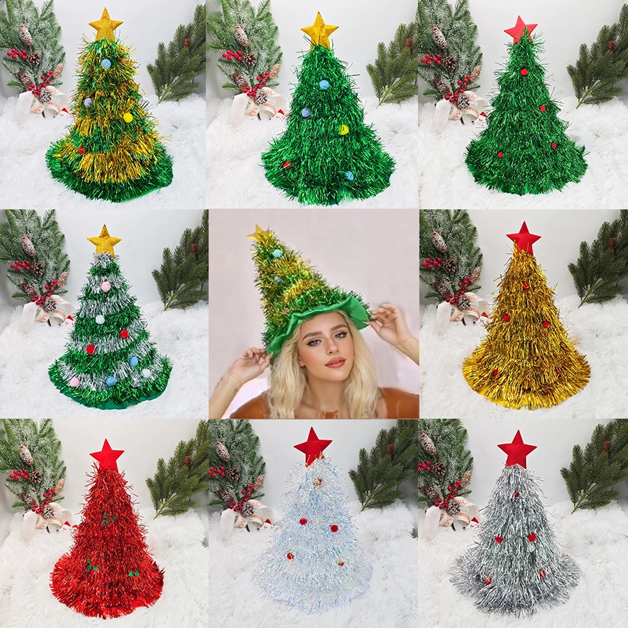 Christmas Tree Hats Fabric Rain Silk Hat for Adults s Funny Santa Hat with Tinsel Xmas Holiday Party Costume Year Decor 251023