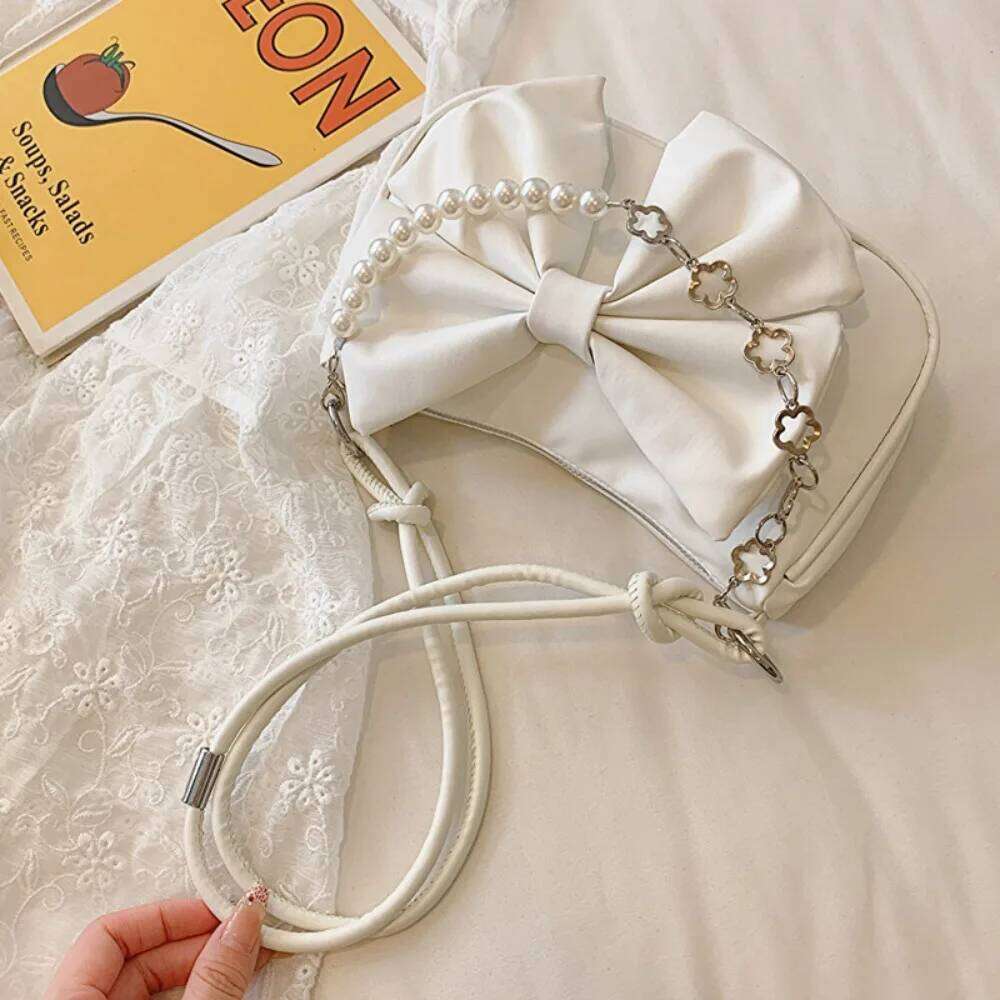 Trendy Pearl Bow Shoulder Underarm Daily Commuting Casual Handbag Solid Business Women's Bag