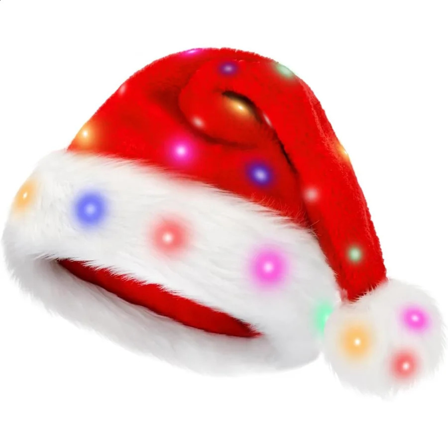 Light Up Christmas Santa Hat Red Velvet Xmas Costume Hats for Adult Women Men Party Holiday Unisex Year Festive Headwear wi 251023