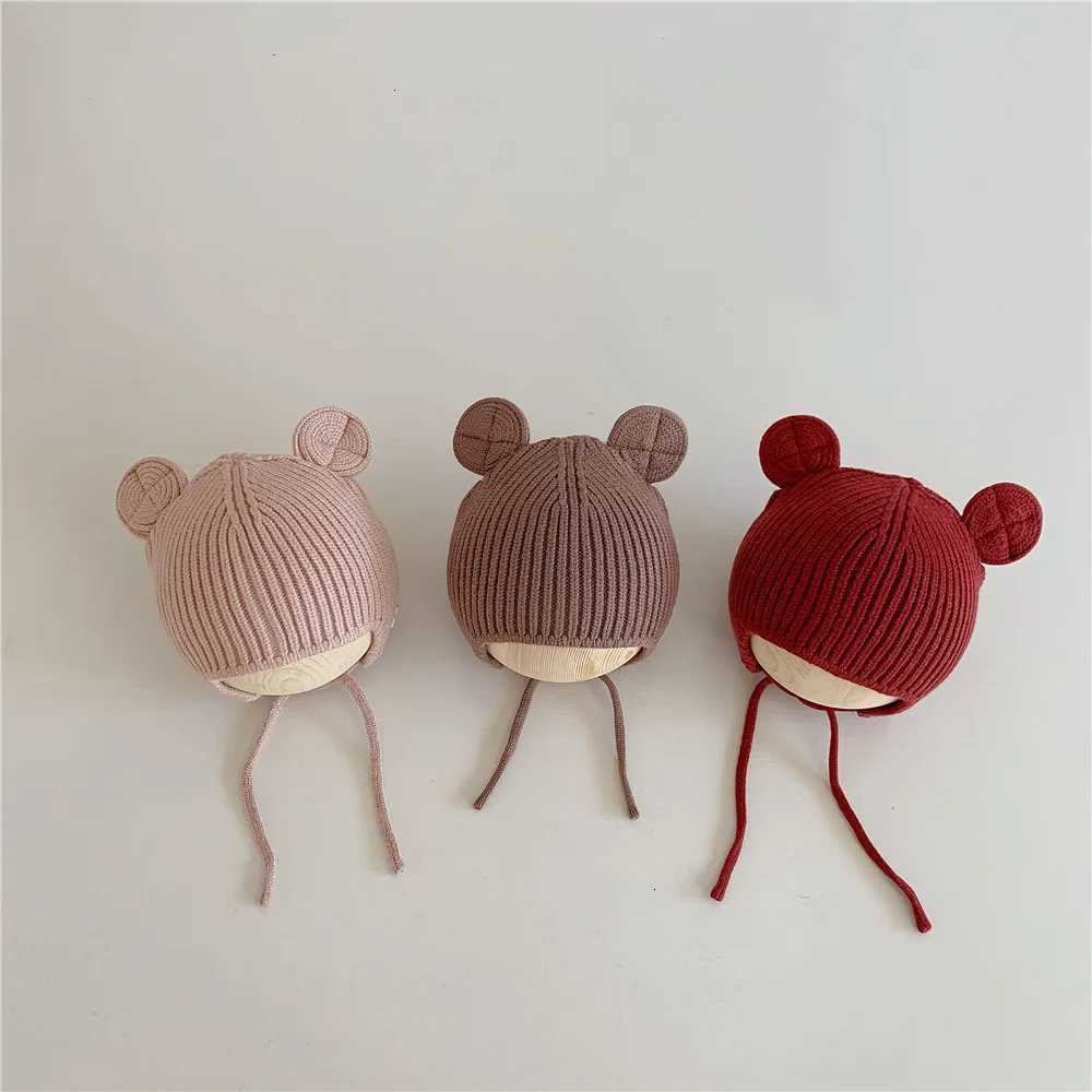 Bear Baby Ear Protection Woolen Cap Solid Color Toddler Beanie Children Knitted Hat 14 Years Boy Girl Kids Winter Warm HeadgearL251024