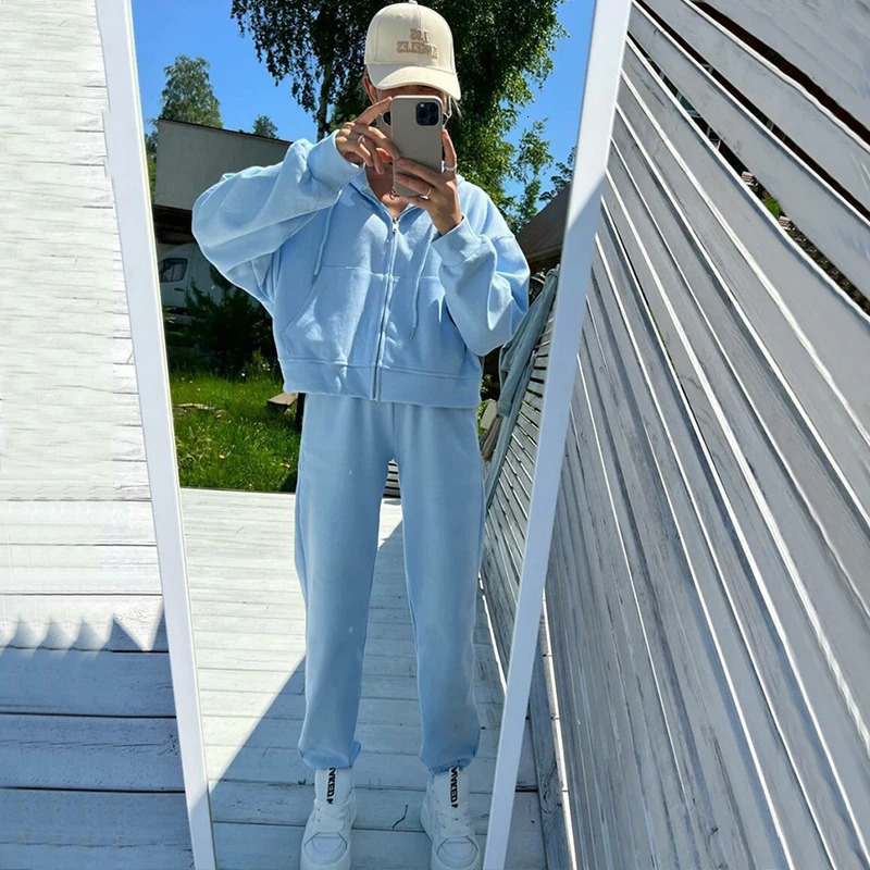 Womens sportswear two pieces set Solid color long sleeved zipper hoodie Elastic laceup pants Spring female tracksuit suit 251013