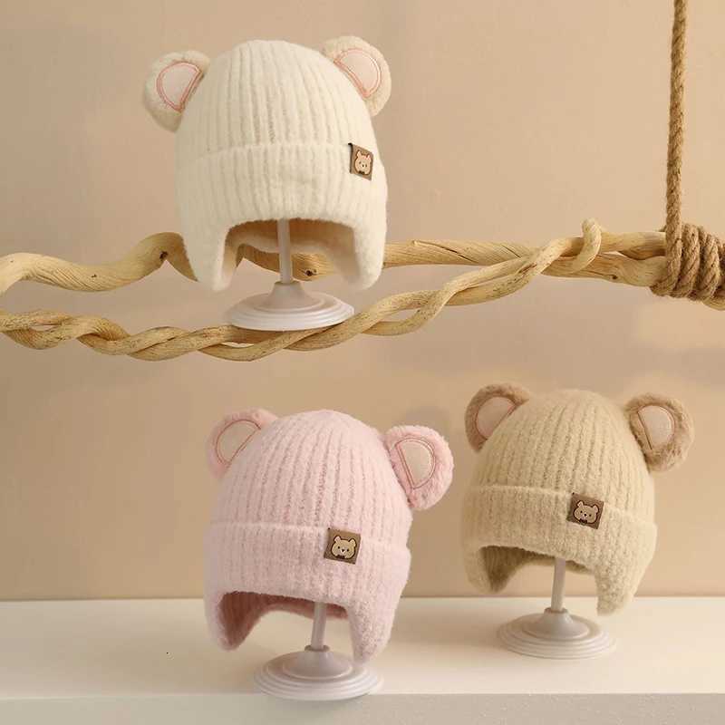 Cute Bear Baby Earmuffs Cap Winter Warm Kids Plush Pullover Hat 636Month Toddler Beanies Thicken Velvet Children Crochet BonnetL251024