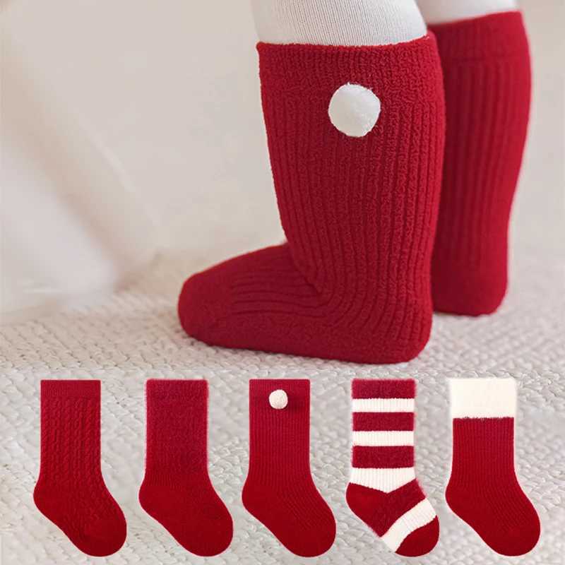 Baby New Year Socks Red Stripe Cute Pompom Boy Girl Autumn Winter Terry Socks Thick Plush Newborn Toddler AntiCold Floor Socks J251024