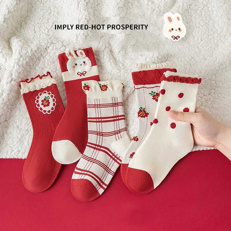 5 Pairs Cute Cotton Rabbits Children Girls Midcalf Socks Festival New Year celebration Letter Comfortable Soft Gifts Socks J251024