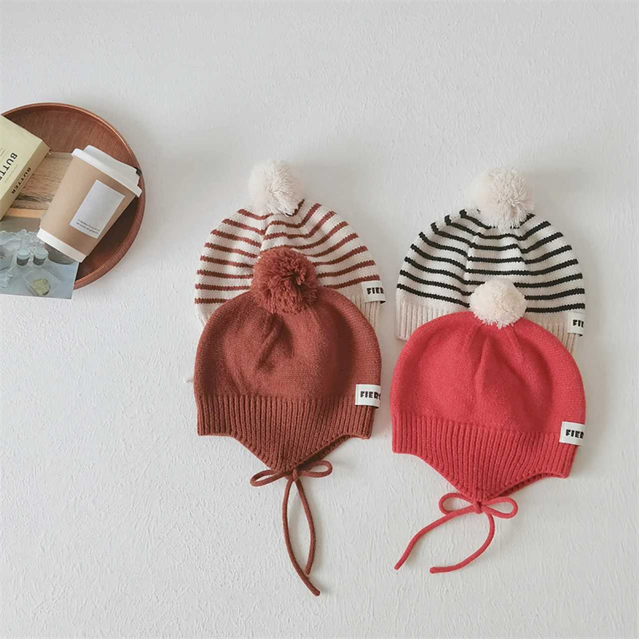 Fashion Striped Children Ear Protection Hat Solid Color Woolen Knit Hat 26Year Kids Winter Warm Pullover Cap Plush Ball BeaniesL251024