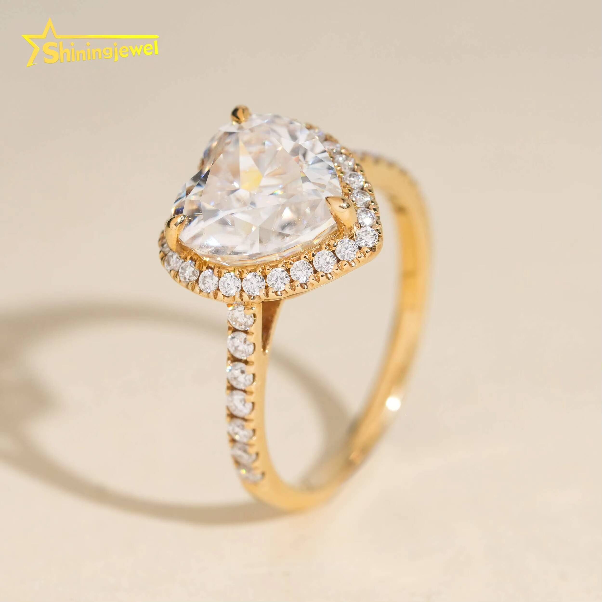14K Solid Gold Heart Cut Cluster Half Band Paved Moissanite Lab Diamond Engagement Wedding Rings