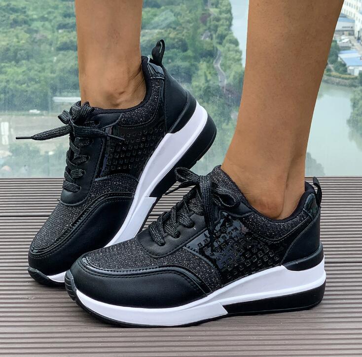 European and American women's wedge heel thick soled sports shoes in large size breathable sequins round toe straps spring and autumn new casual 