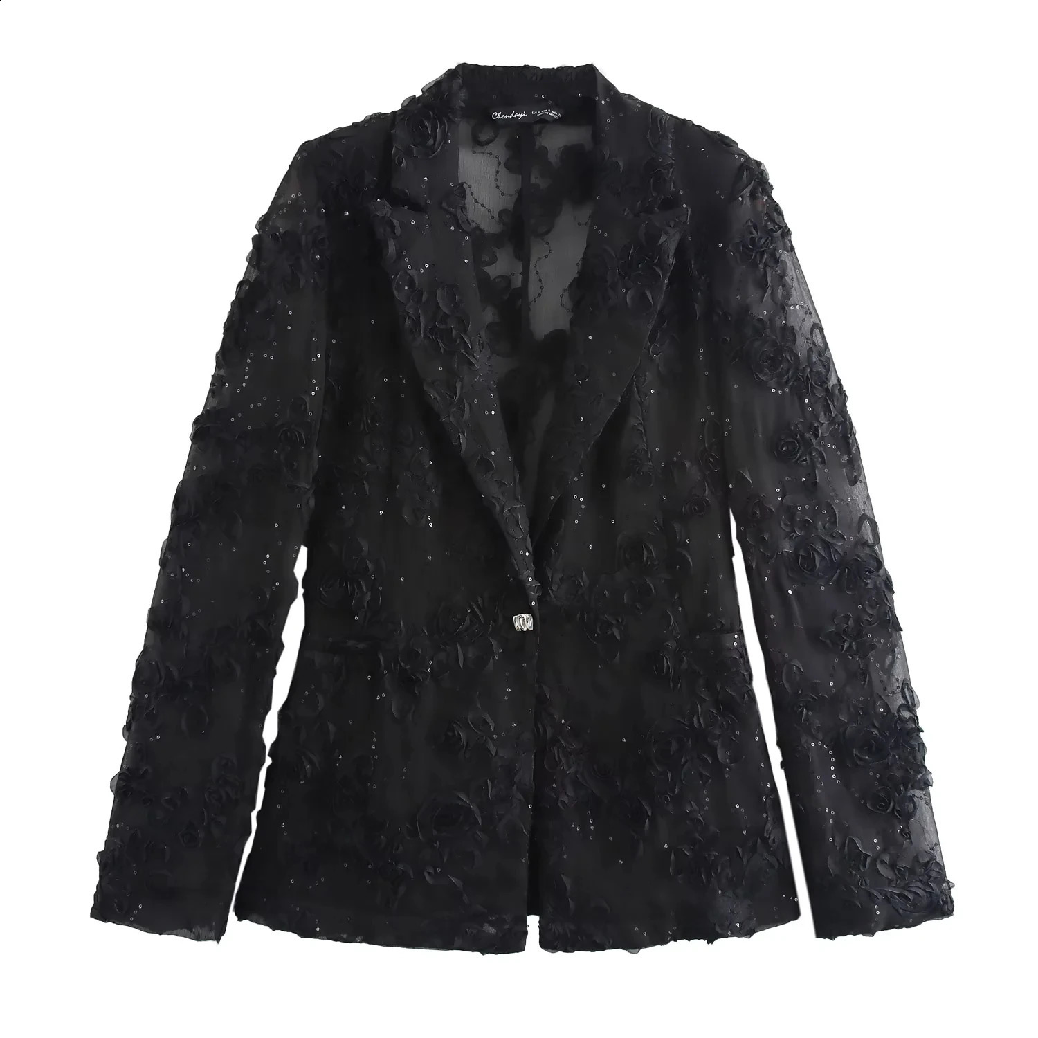 Women Elegant Sets Solid Color Sequin Decorative Semi Transparent Pants Set Flower Texture Blazer Top Set Lady 2 Piece 251023