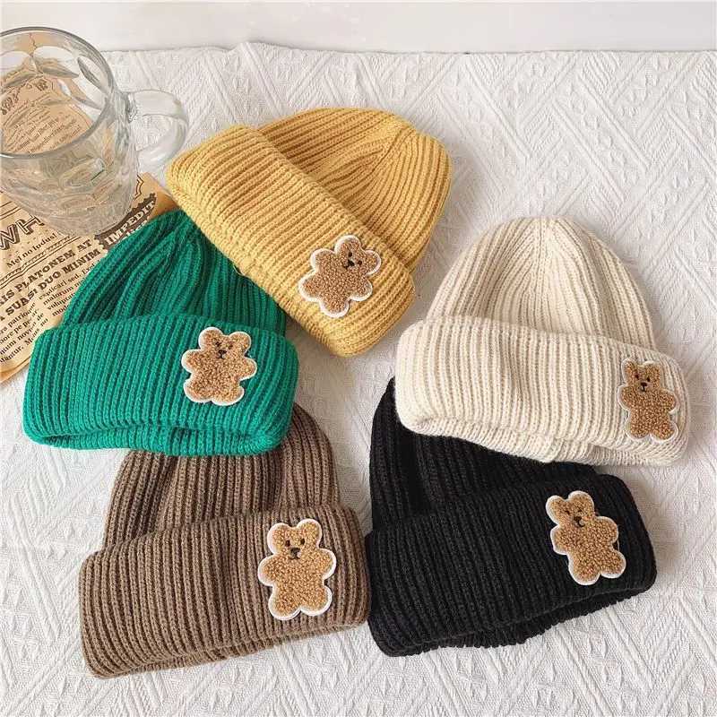 Cute Baar Children Beanie Winter Warm Kids Knit Hat Cartoon Baby Pullover Cap 26year Boy Girl Solid Color Woolen Crochet BonnetL251024