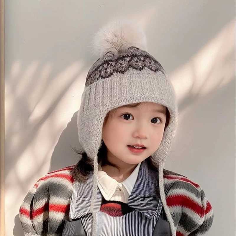 Kids Knit Hat with Ear Flaps Winter Warm Pom Beanie Ethnic Pattern 28Y Children Boys Girls Thermal CapL251024